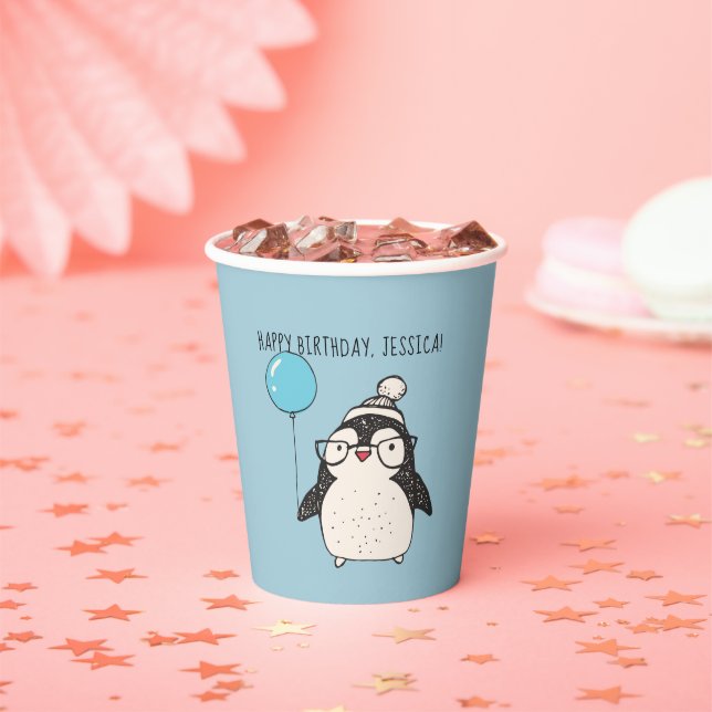 Penguin with a Balloon Personalised Birthday Paper Cups (Insitu)