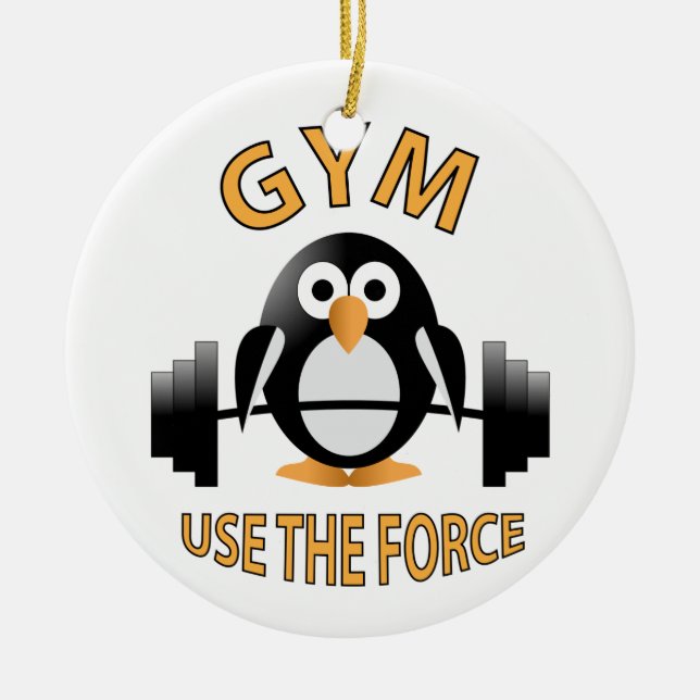 Penguin with a barbell ceramic tree decoration (Front)
