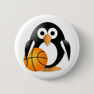 Penguin with a basket-ball 6 cm round badge
