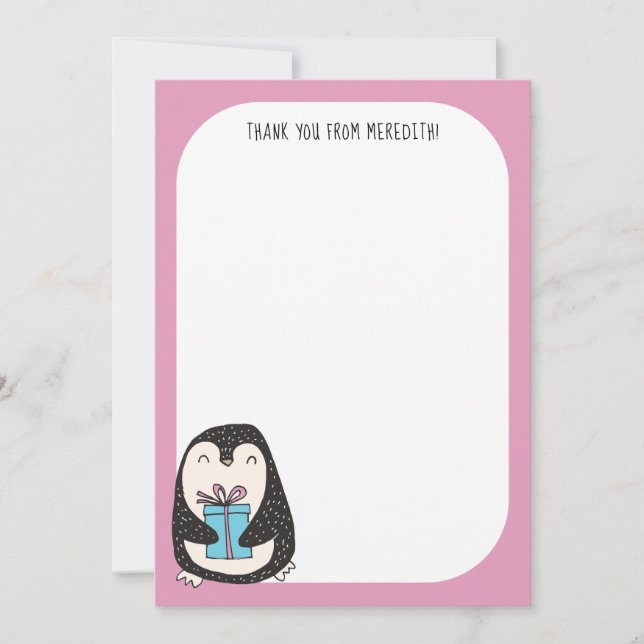 Penguin with a Present Flat Panel Thank You Card (Front)