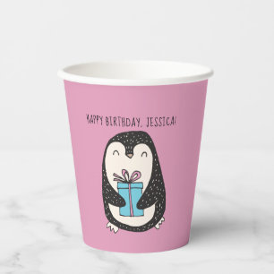 Penguin with a Present Personalised Birthday Paper Cups