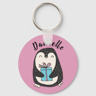 Penguin with a Present Personalised PInk Key Ring
