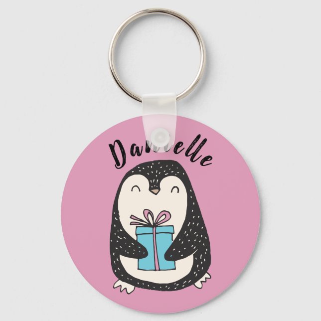 Penguin with a Present Personalised PInk Key Ring (Front)