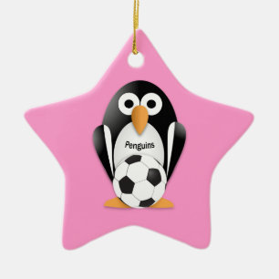 Penguin with a soccer ball ceramic tree decoration