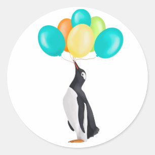 Penguin With Colourful Balloons Classic Round Sticker