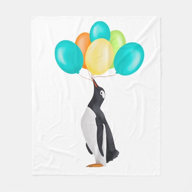 Penguin With Colourful Balloons Fleece Blanket (Front)