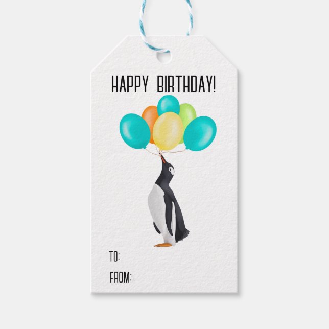 Penguin With Colourful Balloons Gift Tags (Front)
