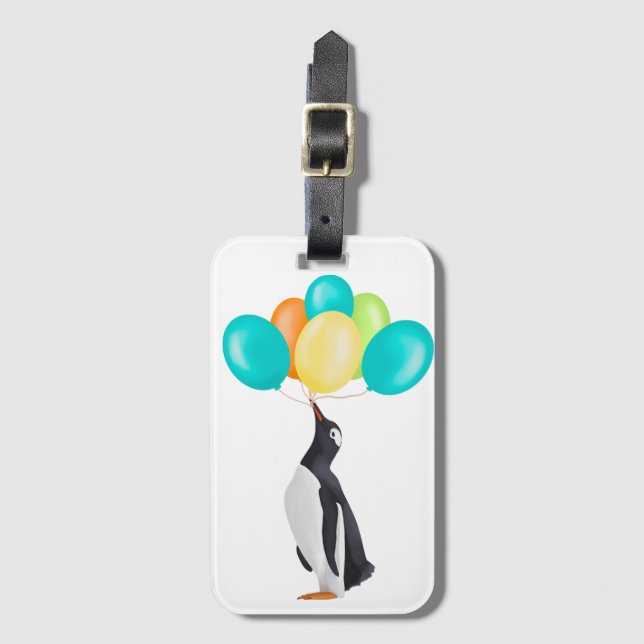 Penguin With Colourful Balloons Luggage Tag (Front Vertical)