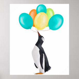Penguin With Colourful Balloons Poster