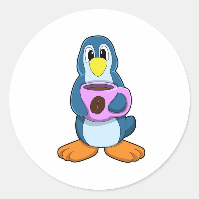 Penguin with Cup of Coffee Classic Round Sticker (Front)
