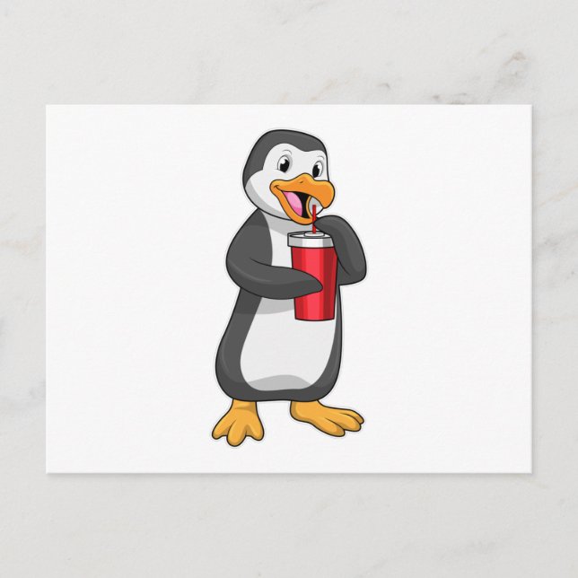 Penguin with Drinking cup with Straw Postcard (Front)
