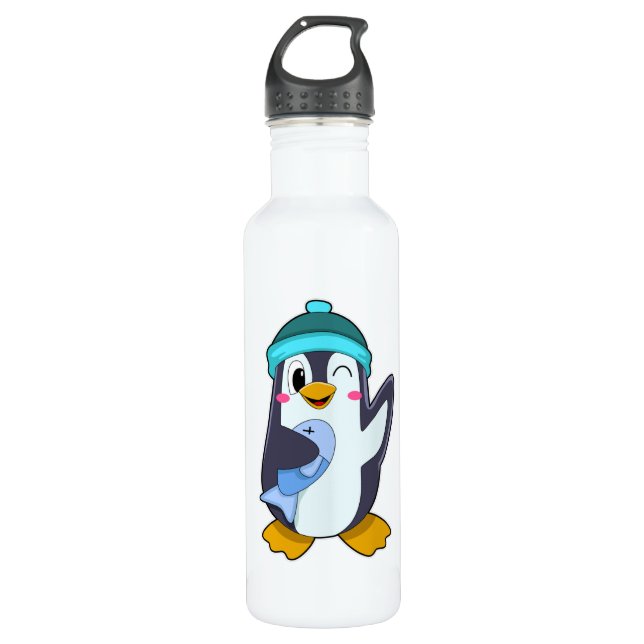 Penguin with Fish & Hat 710 Ml Water Bottle (Front)