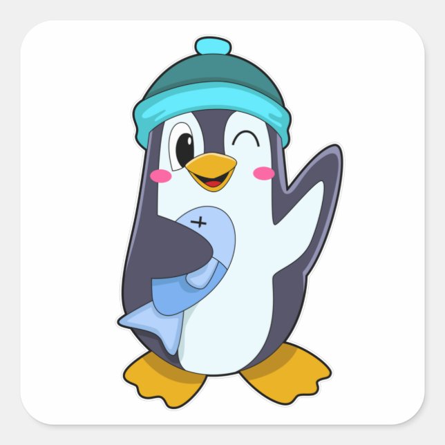 Penguin with Fish & Hat Square Sticker (Front)