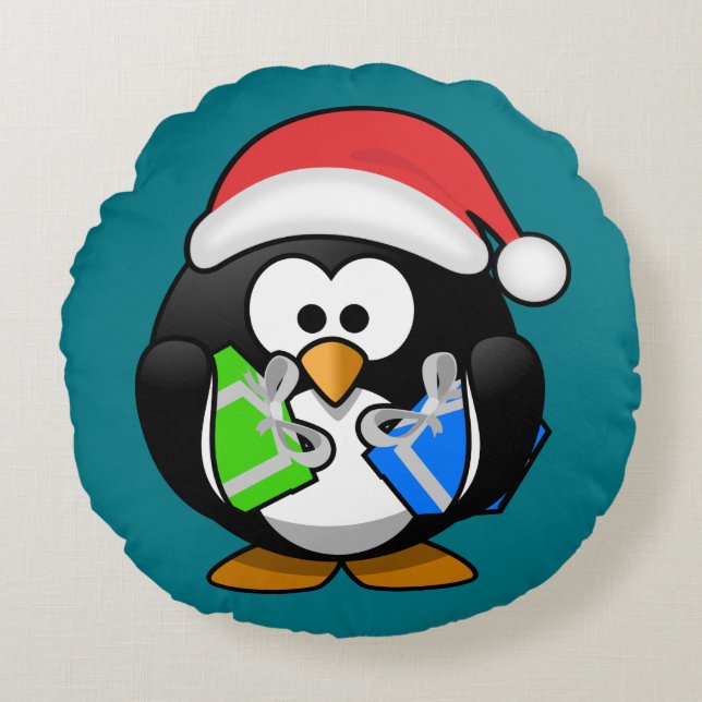 Penguin with Gifts Round Cushion (Front)