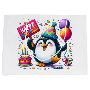 Penguin with "Happy Birthday" Sign by Natasha Us   Large Gift Bag