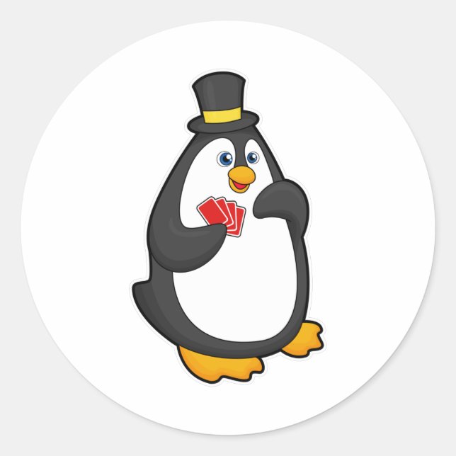 Penguin with Hat at Poker with Poker cards Classic Round Sticker (Front)