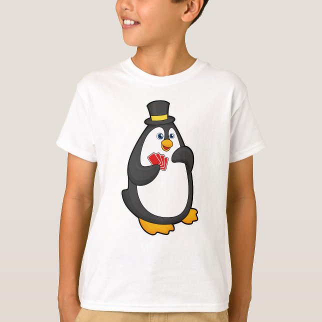 Penguin with Hat at Poker with Poker cards T-Shirt (Front)