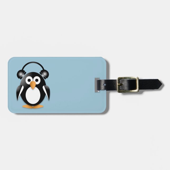 Penguin with headphones luggage tag (Front Horizontal)