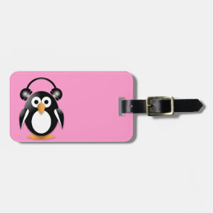 Penguin with headphones luggage tag