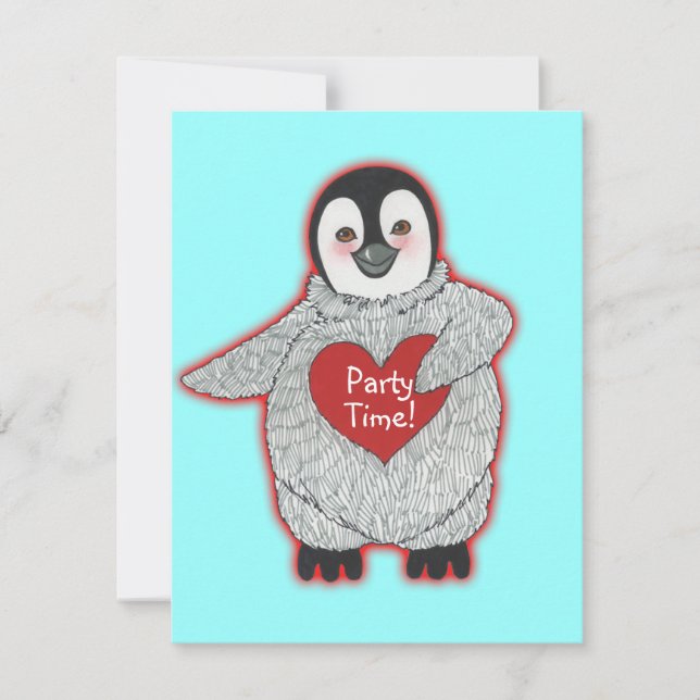 Penguin with Heart Birthday Party Invitation (Front)