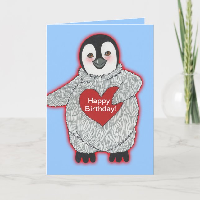 Penguin with Heart Happy Birthday Card (Front)