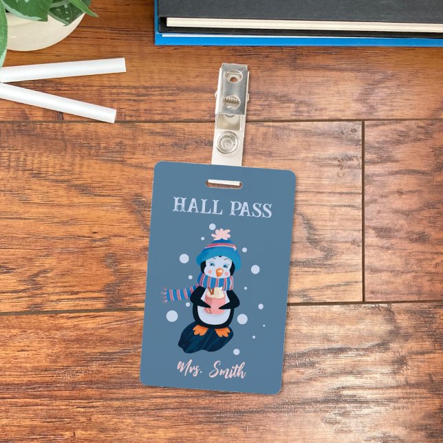 Penguin with Hot Cocoa Winter Blue Hall Pass Badge ID Badge (Cute winter blue vertical student hall pass with a cartoon penguin holding a cup of hot cocoa . )