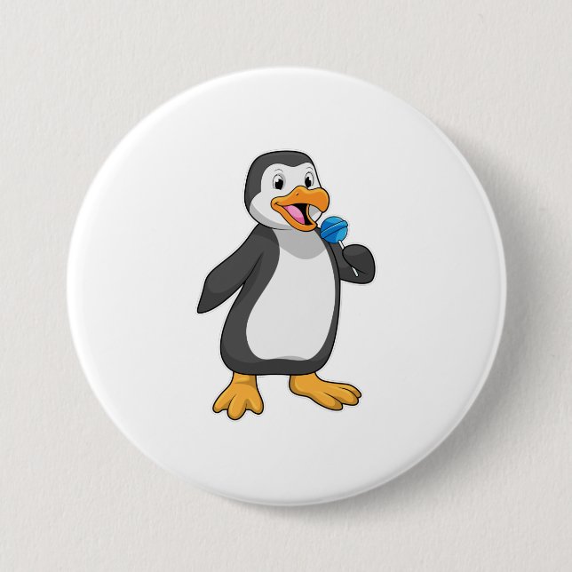 Penguin with Lollipop Sweets 7.5 Cm Round Badge (Front)