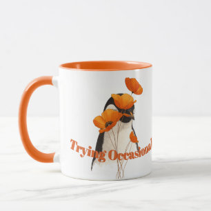 Penguin with Orange Poppy Flowers Botanical Art T- Mug