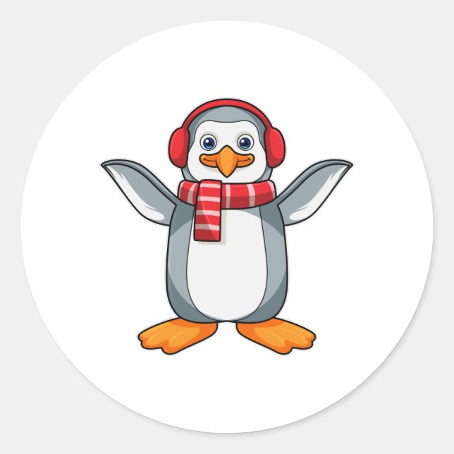Penguin with Scarf & Headphone Classic Round Sticker (Front)