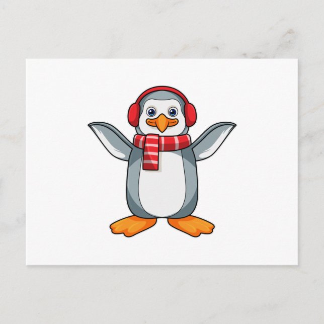 Penguin with Scarf & Headphone Postcard (Front)