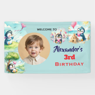 Penguin Yellow Kids Neutral Birthday Party Banner