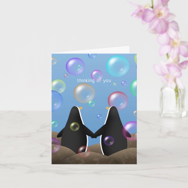 penguins and bubbles cute thinking of you card (Orchid)