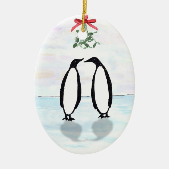 Penguins and Mistletoe Holiday Ornament (Front)