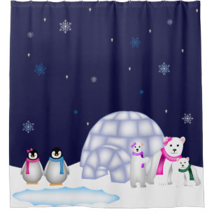 Penguins and Polar Bears Christmas Shower Curtain