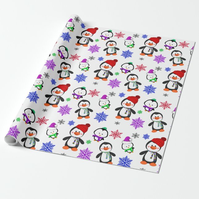Penguins and Snowflakes Cute Christmas Wrapping Paper (Unrolled)