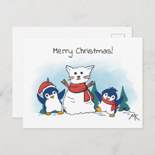 Penguins building a snowman christmas holiday postcard