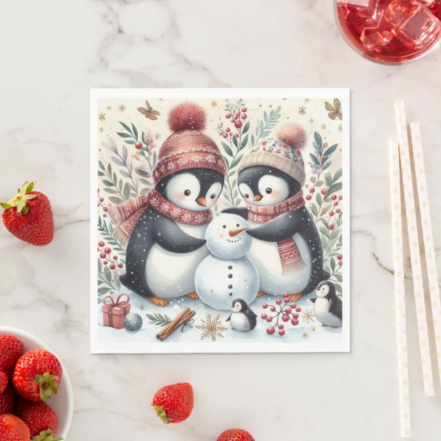 Penguins Building A Snowman Napkin (Insitu)