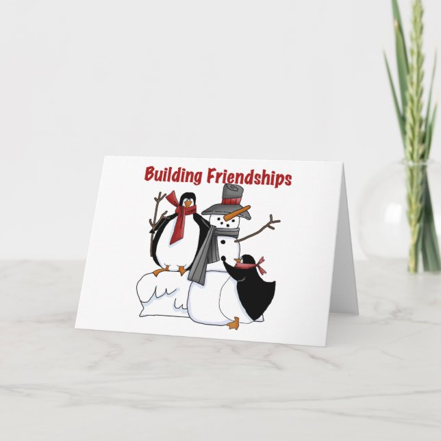 Penguins Building Friendship tshirts and Gifts Holiday Card (Front)