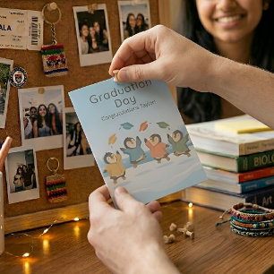 Penguins Celebrating Graduation Personalised Card