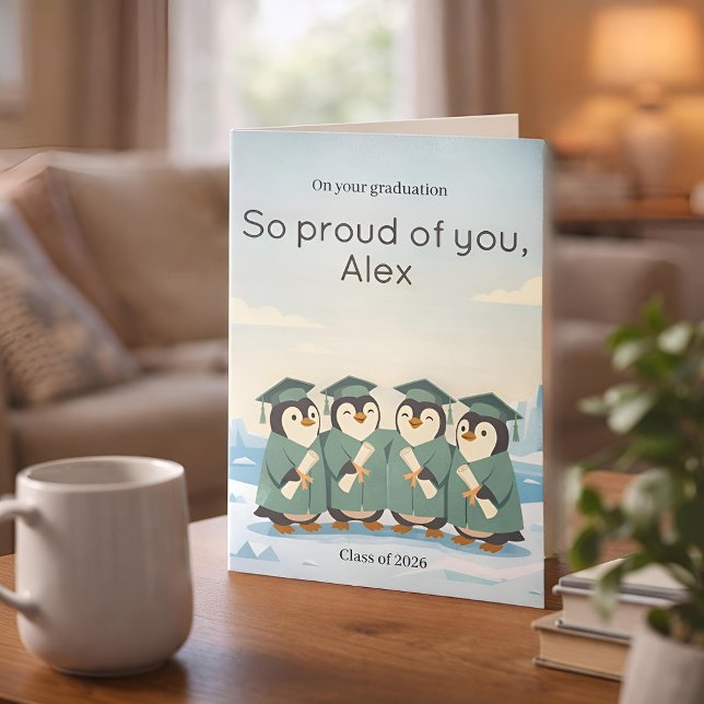 Penguins Celebrating Graduation | XL Custom Card (Lifestyle Shot)