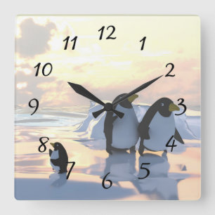 penguins chilling on an ice floe square wall clock