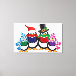 Penguins Christmas Carolers with Hats and Scarfs Canvas Print