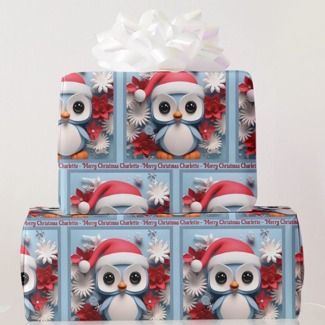Penguins Christmas Gift with Custom Name Too Cute Wrapping Paper (Creator Uploaded)