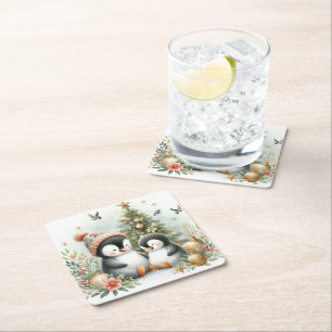 Penguins Christmas Square Paper Coaster