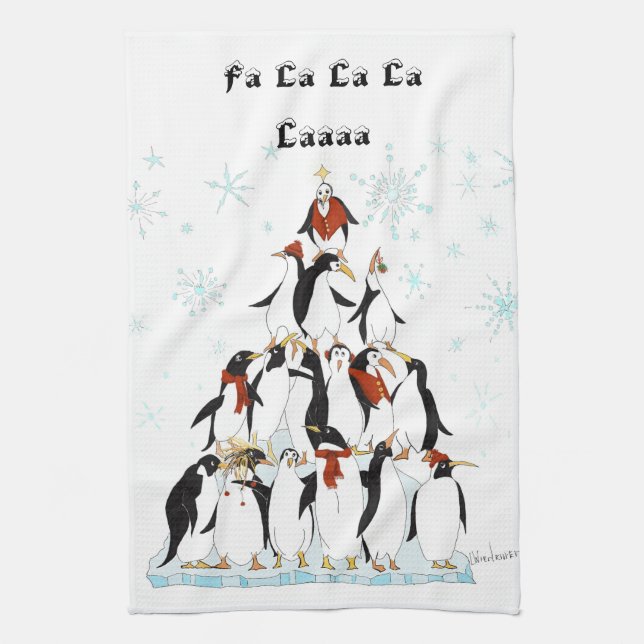 Penguins Christmas Tree Comic Illustration Tea Towel (Vertical)