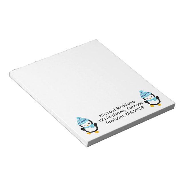 Penguins Dressed for Winter with Block Text Notepad (Angled)