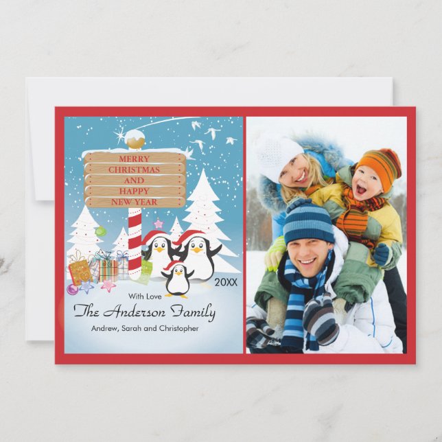 Penguins Family of 3 Holiday Christmas Photo Card (Front)