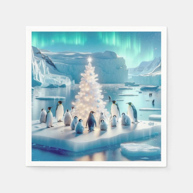 Penguins Gathered Around a Christmas Tree Napkin (Front)