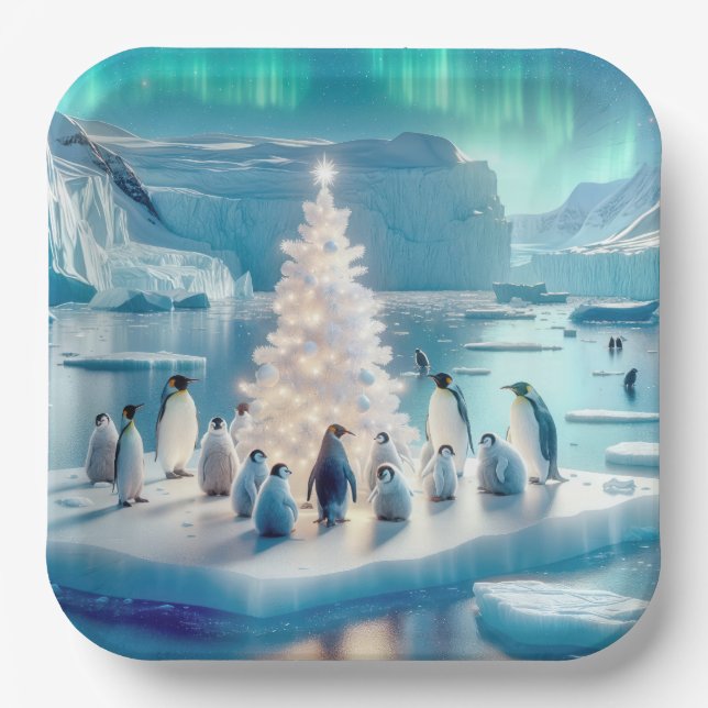 Penguins Gathered Around a Christmas Tree Paper Plate (Front)