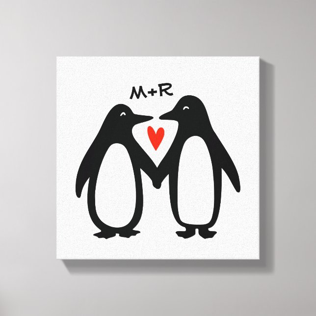 Penguins Holding Hands Cute Couple Custom Initials Canvas Print (Front)